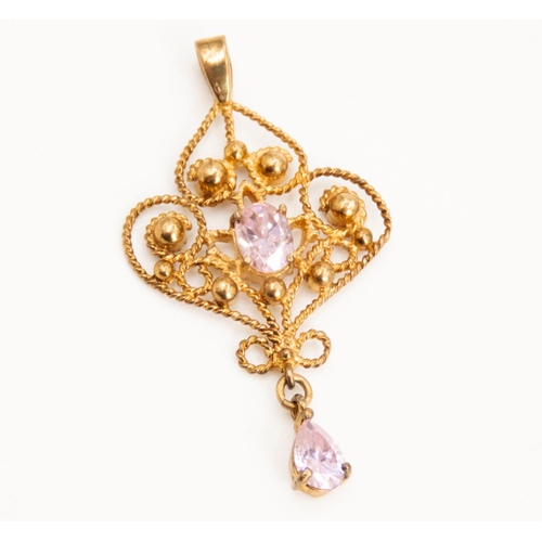 68 - Oval Cut and Pear Cut Pink Zircon Set Filigree Form Pendant Set in 9 Carat Yellow Gold Finely Detail... 