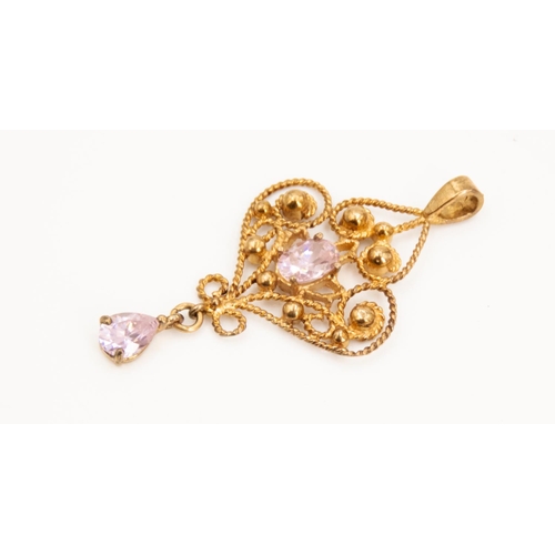 68 - Oval Cut and Pear Cut Pink Zircon Set Filigree Form Pendant Set in 9 Carat Yellow Gold Finely Detail... 