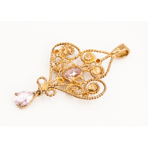 68 - Oval Cut and Pear Cut Pink Zircon Set Filigree Form Pendant Set in 9 Carat Yellow Gold Finely Detail... 