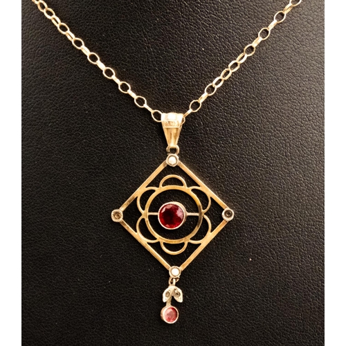 83 - Ruby and Seed Pearl Set Drop Pendant Mounted in 9 Carat Yellow Gold 4.5cm High Further Set on 9 Cara... 