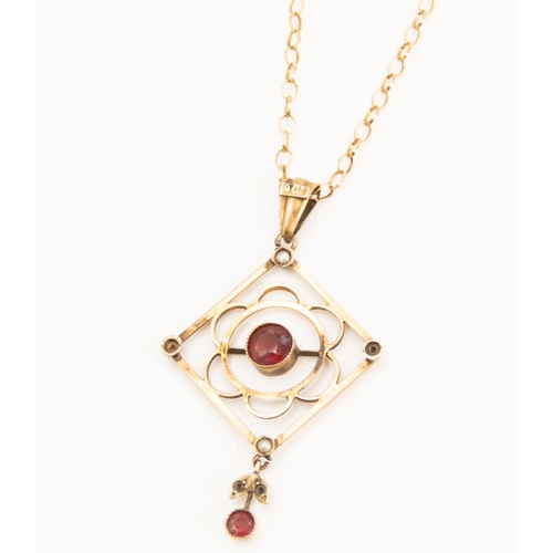 83 - Ruby and Seed Pearl Set Drop Pendant Mounted in 9 Carat Yellow Gold 4.5cm High Further Set on 9 Cara... 