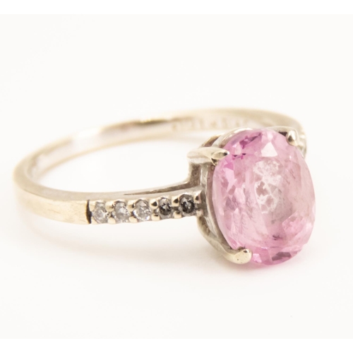 85 - Oval Cut Pink Kunzite Solitaire Ring Mounted in 9 Carat White Gold Further Diamonds Set to Shoulders... 