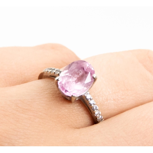 85 - Oval Cut Pink Kunzite Solitaire Ring Mounted in 9 Carat White Gold Further Diamonds Set to Shoulders... 