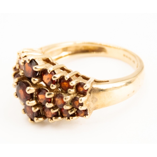 86 - Red Garnet Three Row Graduated Form Cluster Ring Set in 9 Carat Yellow Gold Ring Size O