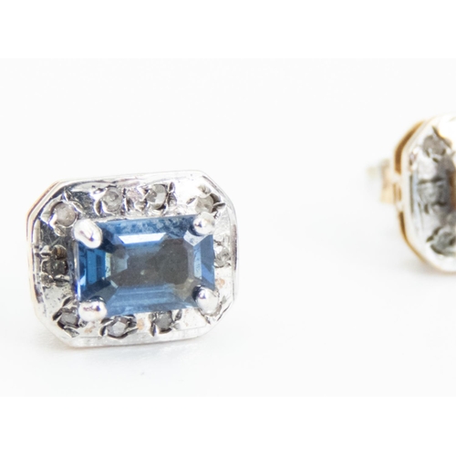 87 - Pair of Baguette Cut Sapphire and Diamond Set Ladies Earrings Mounted on 9 Carat Yellow Gold 1cm Hig... 