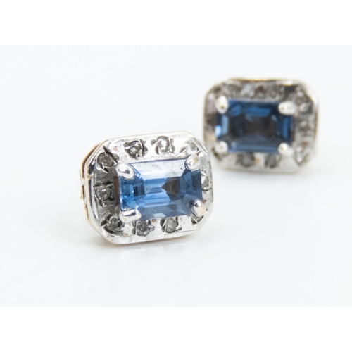 87 - Pair of Baguette Cut Sapphire and Diamond Set Ladies Earrings Mounted on 9 Carat Yellow Gold 1cm Hig... 