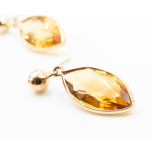 91 - Pair of Marquise Cut Citrine Drop Earrings Set in 9 Carat Yellow Gold 1.5cm High