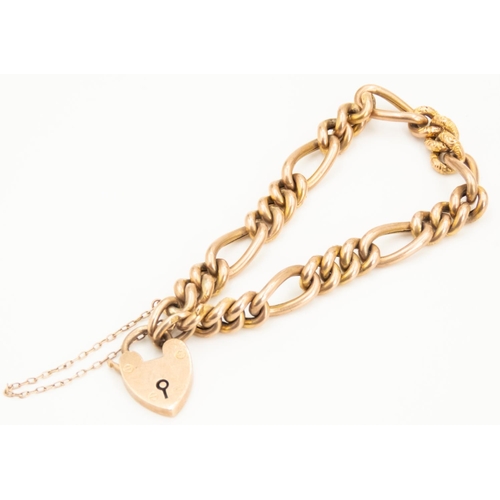 94 - 9 Carat Rose Gold Figaro Link Bracelet with Yellow Gold Incised Detailing Heart Form Clasp 18.5cm Lo... 