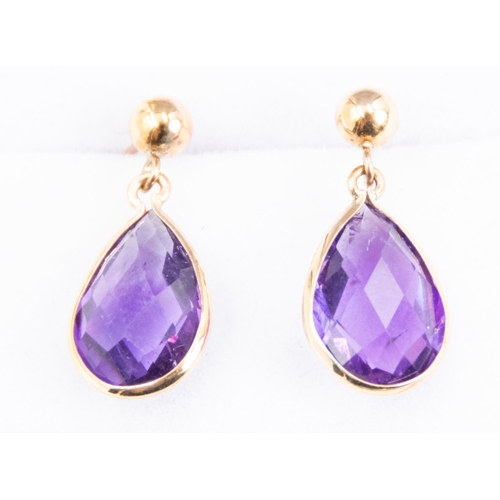 96 - Pair of Facet Pear Cut Amethyst Ladies Drop Earrings Set in 9 Carat Yellow Gold 1.5cm High