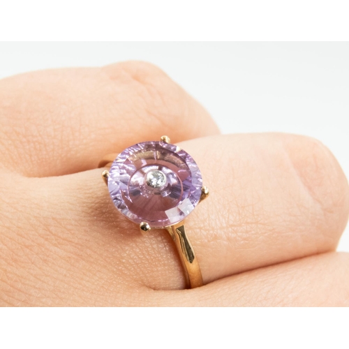 98 - Unusual Form Amethyst Set Ring with Diamond Inset to Centre Mounted in 9 Carat Yellow Gold Ring Size... 