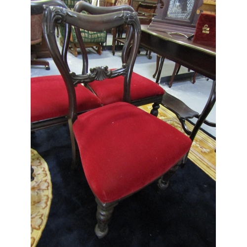 1007 - Three William IV Dining Chairs Burgundy Upholstered Seats Above Turned Supports