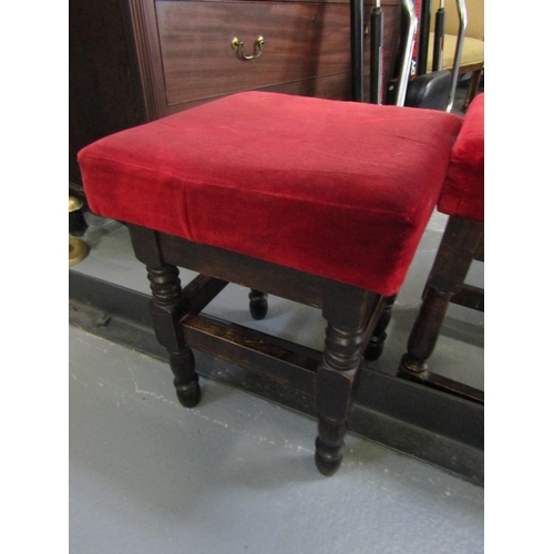 1011 - Two Stools Mahogany Framed Red Velvet Upholstery Above Turned Supports Each Approximately 18 Inches ... 