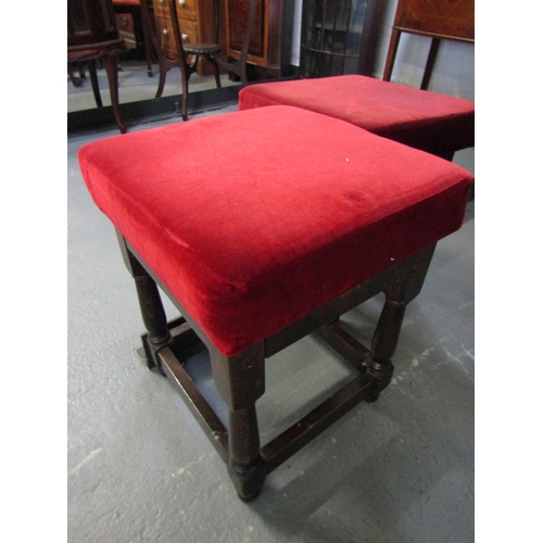 1011 - Two Stools Mahogany Framed Red Velvet Upholstery Above Turned Supports Each Approximately 18 Inches ... 