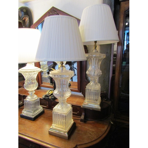 1012 - Pair of Crystal Table Lamps Urn Form Each Attractively Detailed with Ormolu Mounts Above Polished Ca... 