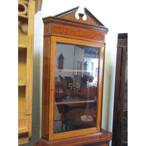 1022 - Victorian Mahogany and Satinwood Marquetry Decorated Glazed Top Corner Cabinet Upper Pediment Decora... 