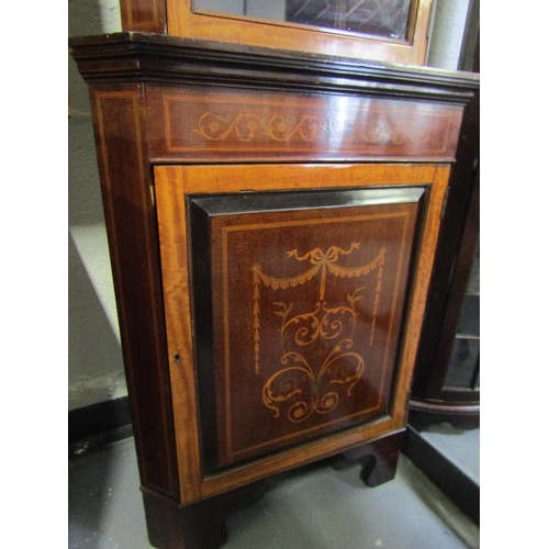 1022 - Victorian Mahogany and Satinwood Marquetry Decorated Glazed Top Corner Cabinet Upper Pediment Decora... 