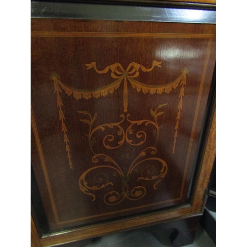 1022 - Victorian Mahogany and Satinwood Marquetry Decorated Glazed Top Corner Cabinet Upper Pediment Decora... 