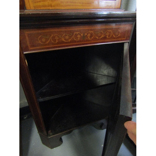 1022 - Victorian Mahogany and Satinwood Marquetry Decorated Glazed Top Corner Cabinet Upper Pediment Decora... 