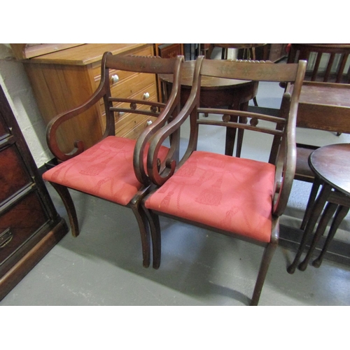 1048 - Pair of Antique Mahogany Carvers with Brass Inlaid Decoration above Sabre Form Supports