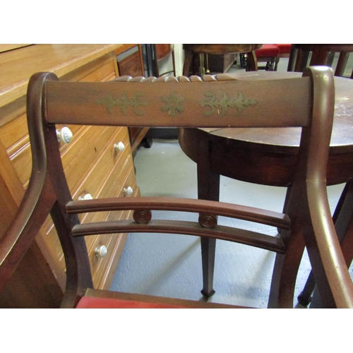 1048 - Pair of Antique Mahogany Carvers with Brass Inlaid Decoration above Sabre Form Supports