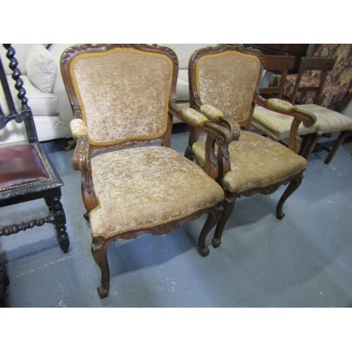 1053 - Pair of French Carved Drawing Room Armchairs Walnut Framed Cabriole Supports