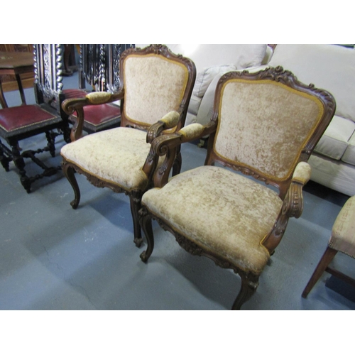 1053 - Pair of French Carved Drawing Room Armchairs Walnut Framed Cabriole Supports