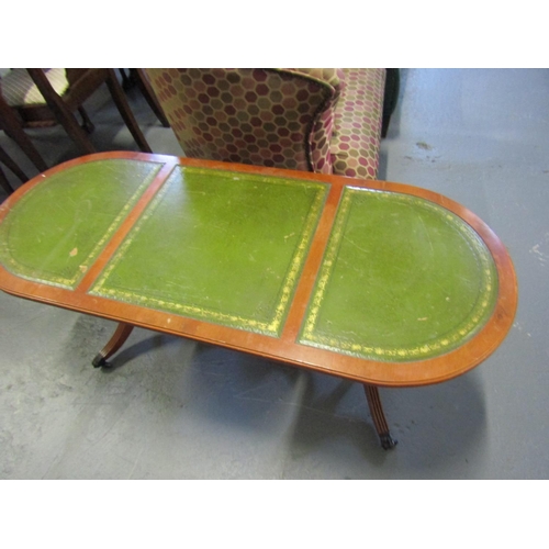 1057 - Coffee Table Mahogany with Inset Gilt Tooled Leather Top Above Twin Pod Base Approximately 4ft 6 Inc... 