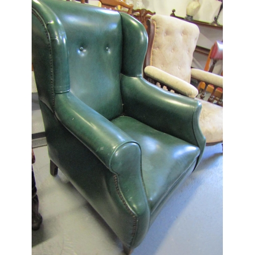 1059 - Victorian Green Leather Upholstered Drawing Room Easy Armchair Full Size