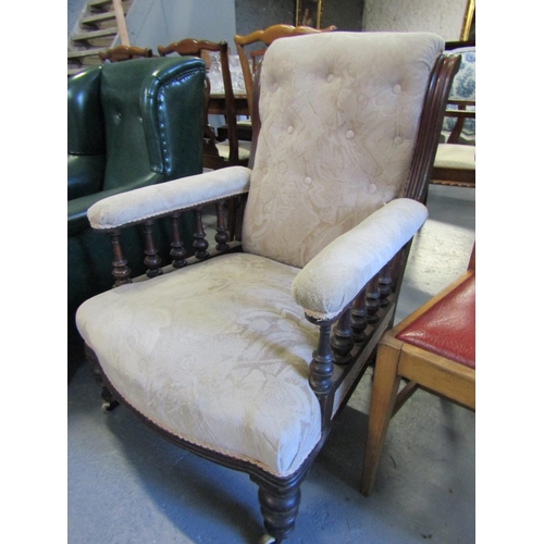 1060 - Victorian Cream Fabric Upholstered Mahogany Framed Library Armchair