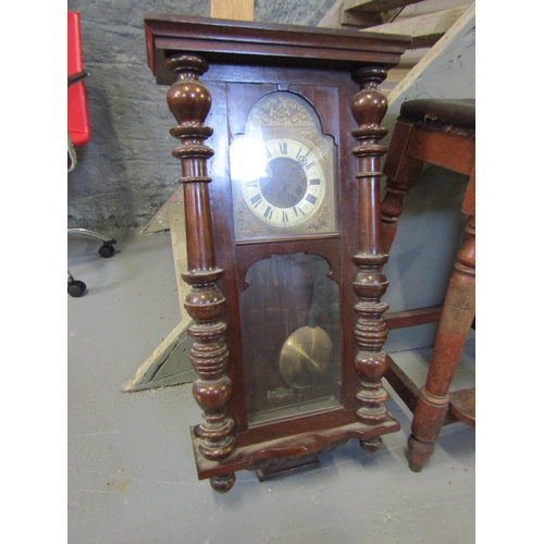 1063 - Antique Mahogany Regulator Wall Clock Brass Bound and Enamel Dial Approximately 30 Inches High