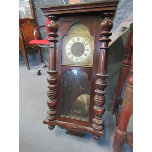 1063 - Antique Mahogany Regulator Wall Clock Brass Bound and Enamel Dial Approximately 30 Inches High