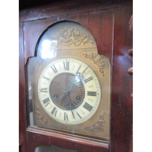 1063 - Antique Mahogany Regulator Wall Clock Brass Bound and Enamel Dial Approximately 30 Inches High