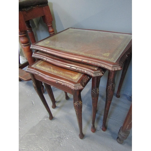 1065 - Set of Three Graduated Occasional Tables with Tooled Leather Tops Shaped Supports Largest Approximat... 