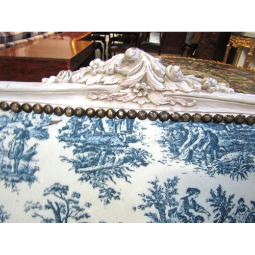 1068 - French Salon Settee with Blue and Cream Patterned Fabric Cabriole Supports Approximately 6ft 4 Inche... 