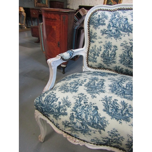 1068 - French Salon Settee with Blue and Cream Patterned Fabric Cabriole Supports Approximately 6ft 4 Inche... 