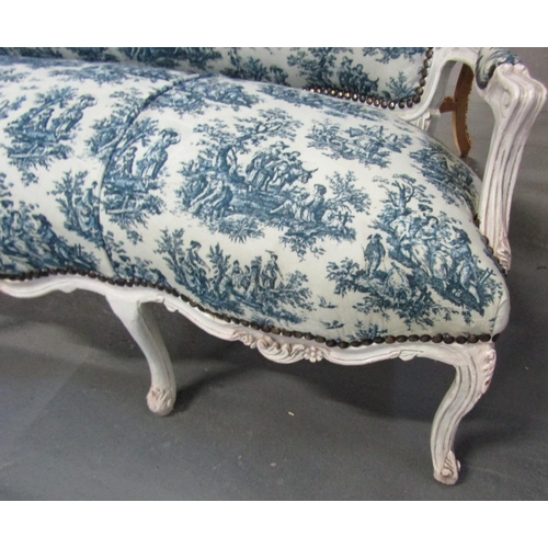 1068 - French Salon Settee with Blue and Cream Patterned Fabric Cabriole Supports Approximately 6ft 4 Inche... 