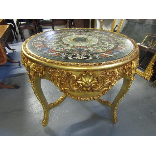 1069 - Continental Gilded Circular Form Centre Table with Intricate Top Polychrome Decorated above Shaped S... 