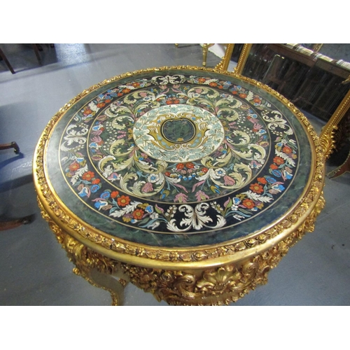 1069 - Continental Gilded Circular Form Centre Table with Intricate Top Polychrome Decorated above Shaped S... 