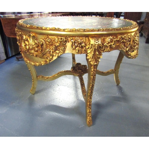 1069 - Continental Gilded Circular Form Centre Table with Intricate Top Polychrome Decorated above Shaped S... 