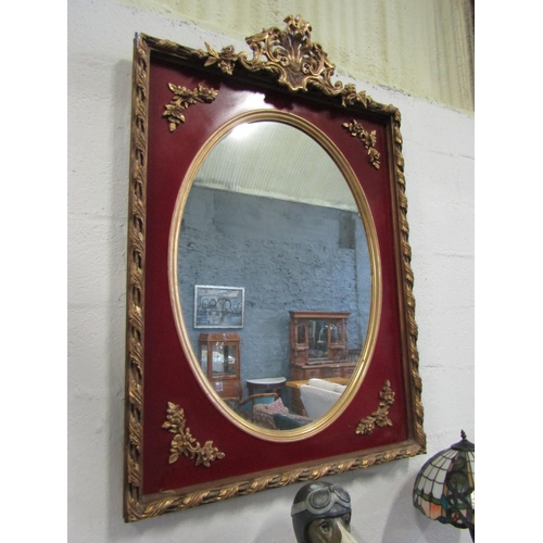 1070 - Large Wall Mirror Gilded Upper Cartouche Decoration Oval Inset Plate Approximately 50 Inches High x ... 