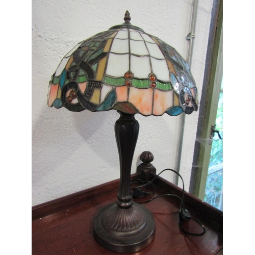 1073 - Tiffany Stained Glass Bronze Table Lamp Electrified Working Order Approximately 19 Inches High x 12 ... 