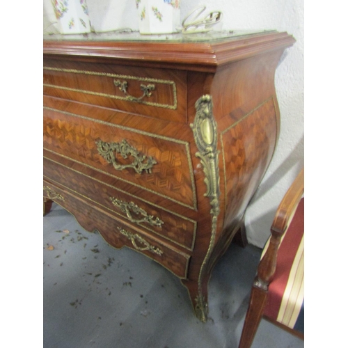 1075 - Large Ormolu Mounted Kingswood Marquetry Decorated Side Chest Inset Marble Top Approximately 4ft 8 I... 