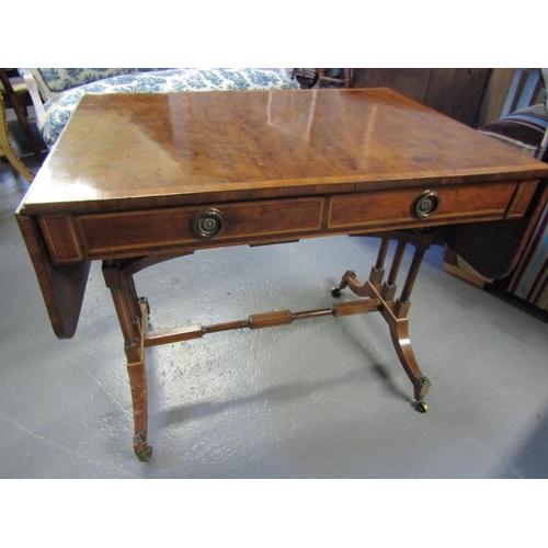 1078 - Regency Figured Mahogany Sofa Table with Tri Pillar End Supports Twin Drawers Attractively Detailed ... 