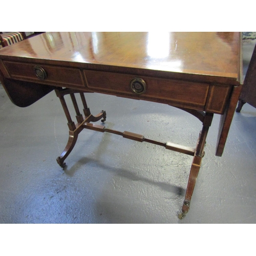 1078 - Regency Figured Mahogany Sofa Table with Tri Pillar End Supports Twin Drawers Attractively Detailed ... 