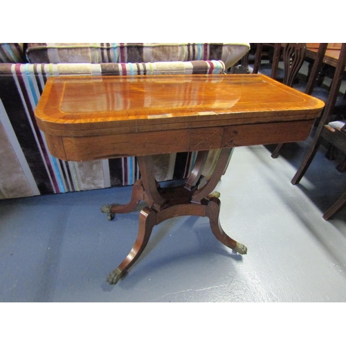 1079 - Regency Rosewood Foldover Card Table with Crossbanded Top above Quatrefoil Base Approximately 32 Inc... 