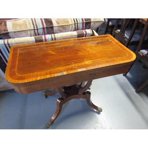 1079 - Regency Rosewood Foldover Card Table with Crossbanded Top above Quatrefoil Base Approximately 32 Inc... 