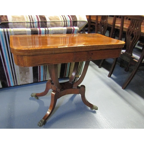 1079 - Regency Rosewood Foldover Card Table with Crossbanded Top above Quatrefoil Base Approximately 32 Inc... 