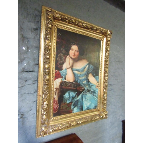 1092 - Gilt Framed Picture Seated Lady in Blue Dress Framed Size Approximately 4ft High x 3ft Wide