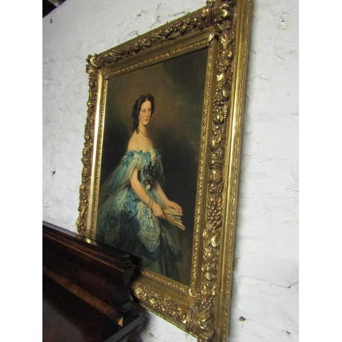 1093 - Matching Gilt Framed Picture Seated Lady in Blue Dress Framed Size Approximately 4ft High x 3ft Wide