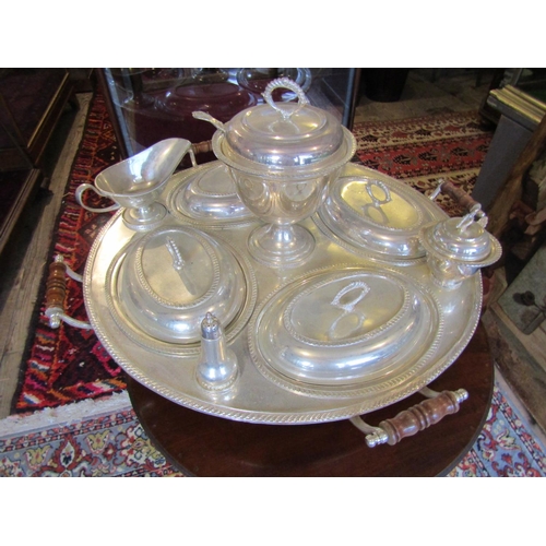 1112 - Fine Silver Plated Serving Set Including Tureen Entree Dishes, etc. on Revolving Base Silver Plated ... 